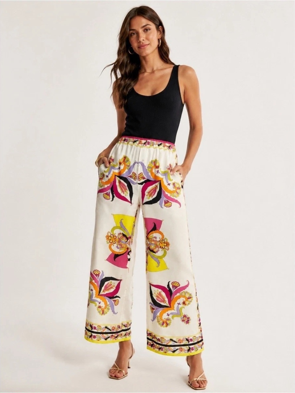 Zara Cream Wide-Leg Printed Palazzo Pants with Pink & Yellow Accents